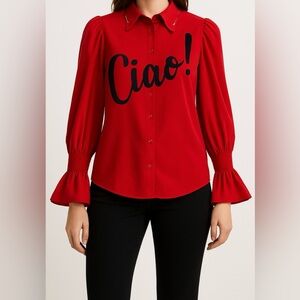 Denimland‎ Red “Ciao” Graphic Blouse Statementcore Rhinestone Retro Y2K Medium